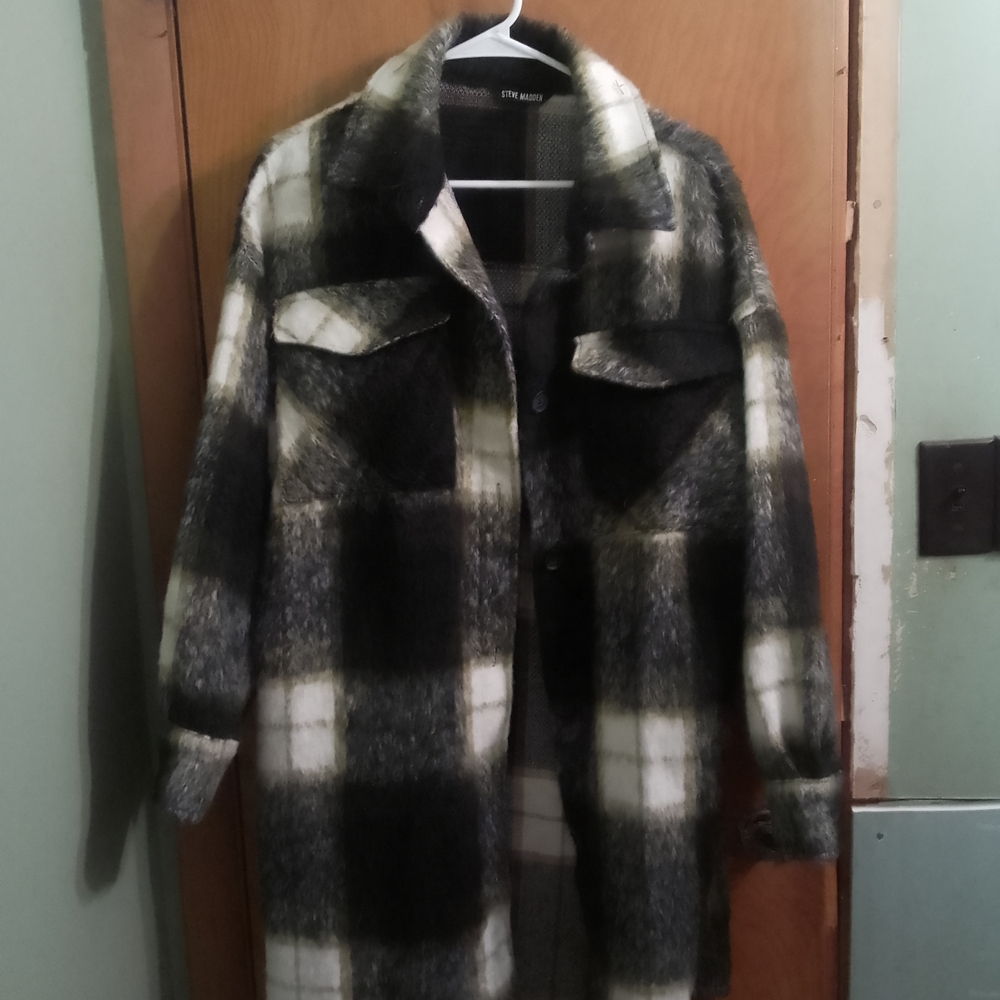 Steve Madden Black‎ Plaid Chloe Shacket In Olive Night Fuzzy Wool Blend Jacket
